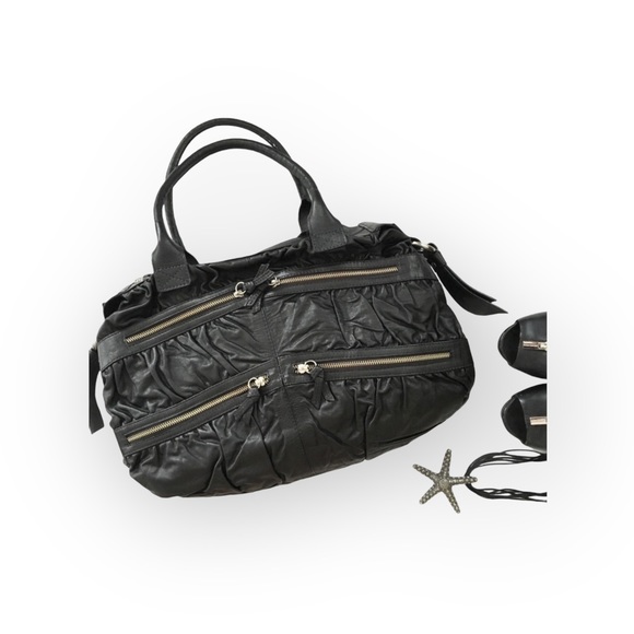 new Maria Bonita Extra ༄ Zip Pockets Leather Travel Bag ༄ Black Metallic Sheen - Picture 9 of 16
